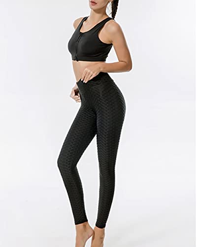 Vintree Panal Arrugado para Nalgas de Las Mujeres Leggings Levante los Pantalones de Yoga de Cintura Alta Elegante con Gimnasio de Control de la Barriga (Negro,XL)