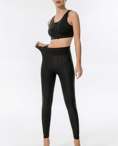 Vintree Panal Arrugado para Nalgas de Las Mujeres Leggings Levante los Pantalones de Yoga de Cintura Alta Elegante con Gimnasio de Control de la Barriga (Negro,XL)