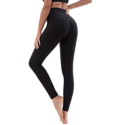 Vintree Panal Arrugado para Nalgas de Las Mujeres Leggings Levante los Pantalones de Yoga de Cintura Alta Elegante con Gimnasio de Control de la Barriga (Negro,XL)