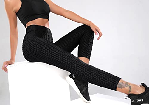 Vintree Panal Arrugado para Nalgas de Las Mujeres Leggings Levante los Pantalones de Yoga de Cintura Alta Elegante con Gimnasio de Control de la Barriga (Negro,XL)