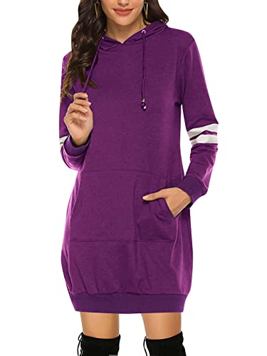 VONDA Sudaderas Mujer con Capucha Invierno Vestido Casual Manga Larga Color Sólido Camisetas de Deporte con Bolisillos A-violada XXL