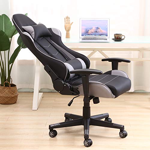 VS Venta-stock Sillón de Oficina Gaming Racer Profesional Gris, Silla con Reposacabeza Apoyo y Cojín Lumbar (Piel sintética, inclinación y Altura Regulable, reposabrazos Ajustables, reclinable 180º)