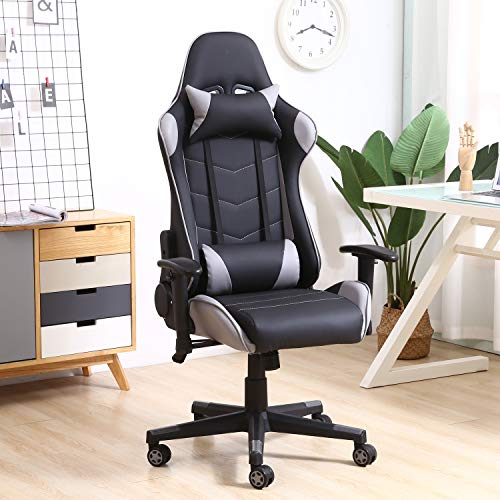 VS Venta-stock Sillón de Oficina Gaming Racer Profesional Gris, Silla con Reposacabeza Apoyo y Cojín Lumbar (Piel sintética, inclinación y Altura Regulable, reposabrazos Ajustables, reclinable 180º)