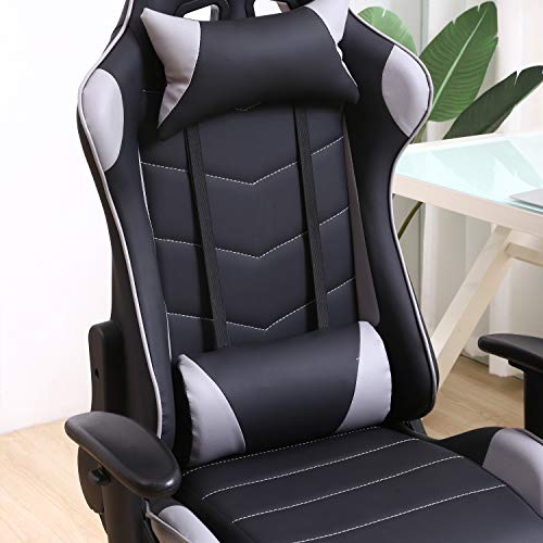 VS Venta-stock Sillón de Oficina Gaming Racer Profesional Gris, Silla con Reposacabeza Apoyo y Cojín Lumbar (Piel sintética, inclinación y Altura Regulable, reposabrazos Ajustables, reclinable 180º)