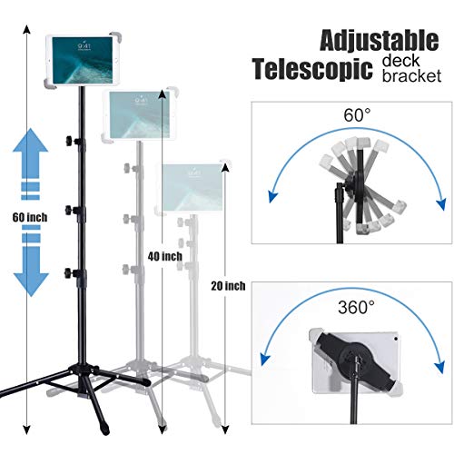 WEIYUDANG Soporte para trípode iPad, Altura Ajustable Montaje de trípode para Tableta de 20 a 60 Pulgadas para iPad Pro 12.9"/ 11", iPad Air 10.5", iPad 9.7 '' y más tabletas de 9.5" a 14.5"