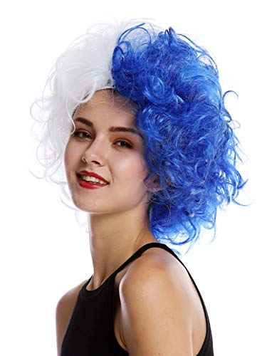 WIG ME UP- 91344-PC3+P60 Peluca Halloween Mujeres Hombres Diva Malvada Loca Masa de Pelo Rizado rebelde Mitad Azul Mitad Blanco