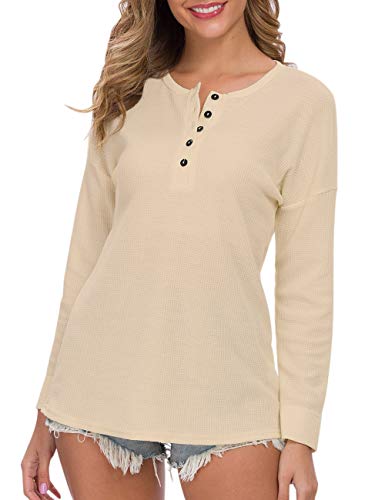 WNEEDU Camiseta Henley de Manga Larga para Mujer(Albaricoque Claro,XL)