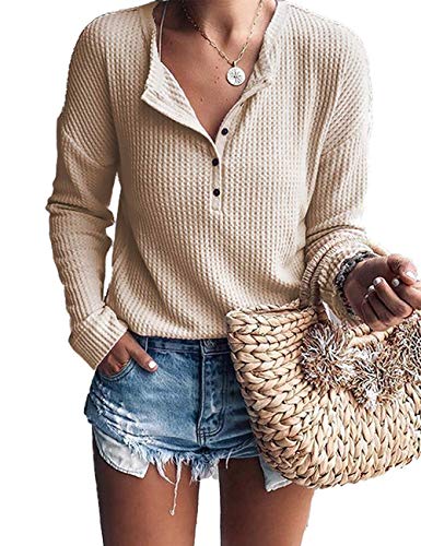 WNEEDU Camiseta Henley de Manga Larga para Mujer(Albaricoque Claro,XL)