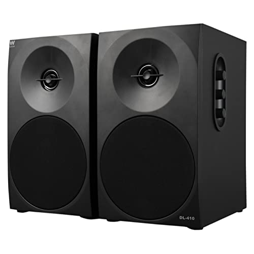 Woxter Dynamic Line 410 – Altavoces estéreo 2.0 Autoamplificados con 150W de potencia, Madera, Woofer de 4 pulgadas, 2 Tweeter, 3.5 mm, RCA, Control volumen, agudos, graves, Bookself Speakers, Negro