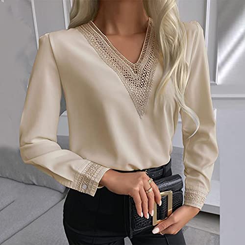 XUNN Elegancity - Blusa de mujer con cuello en V y encaje, elegante túnica con manga larga, monocolor, elegante, tallas S-2XL, caqui, M