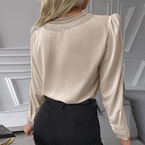 XUNN Elegancity - Blusa de mujer con cuello en V y encaje, elegante túnica con manga larga, monocolor, elegante, tallas S-2XL, caqui, M