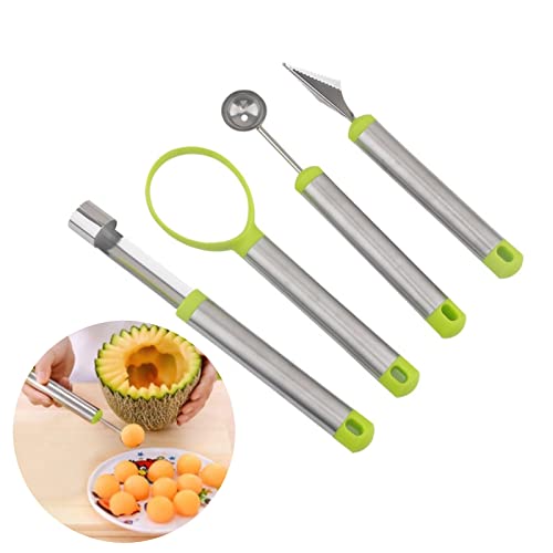 Yovige 4 Piezas Herramientas para Tallar Frutas, Cuchillo para Trinchar Frutas, Descorazonador de Frutas de Acero Inoxidable, Cucharas para Fruta Vaciador de Melón, Frutas Decorativas