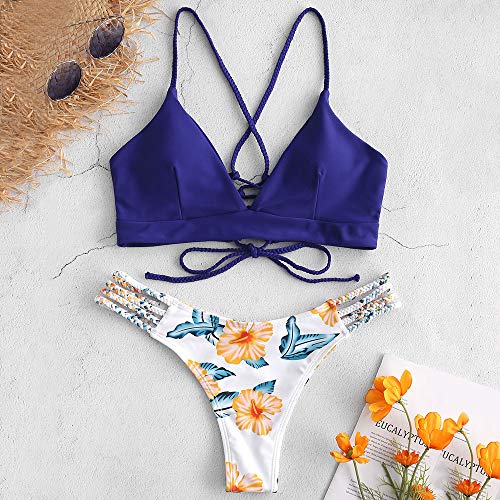 Zaful - Conjunto de bikini para mujer - Sujetador de triángulo y push-up en color azul - Bikini en fantasía floral - Talla XL