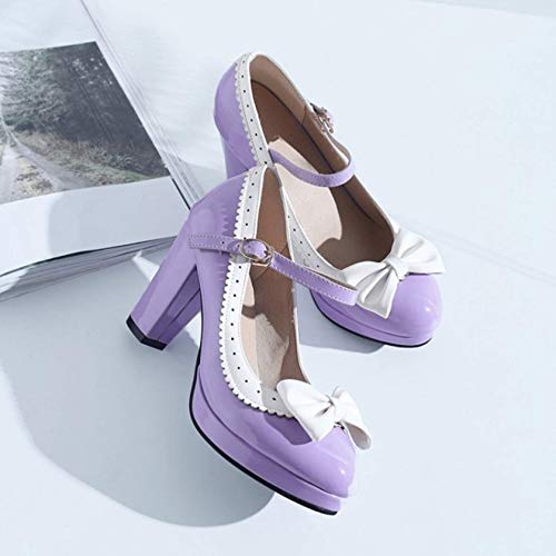 Zapatos de tacón de aguja para mujer, estilo Lolita, estilo Oxford, punta redonda, con hebilla Mary Janes, para fiesta, zapatos de vestir (color: morado, tamaño: 8)