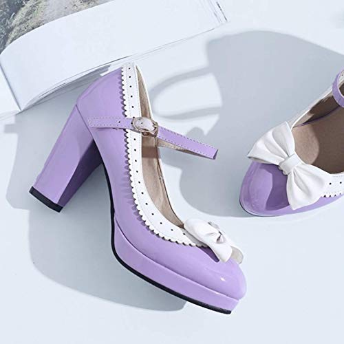 Zapatos de tacón de aguja para mujer, estilo Lolita, estilo Oxford, punta redonda, con hebilla Mary Janes, para fiesta, zapatos de vestir (color: morado, tamaño: 8)