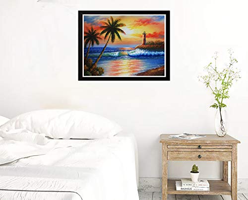 Zariocy DIY 5D Diamantes Pintura Kits Paisaje Playa Oceano, Diamond Painting Completo Árbol de Coco Faro Puesta de sol Bordado Pinturas Artes Kit Punto Cruz Para Decoración La Pared Hogar 30 * 40cm