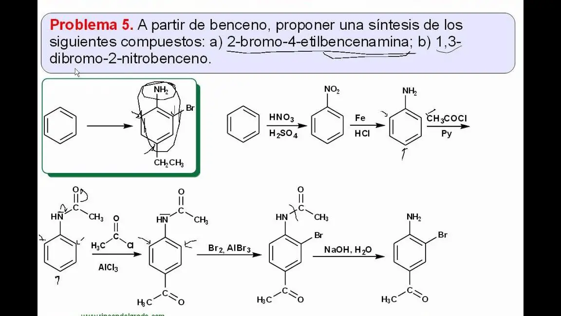 Cómo sintetizar el siguiente compuesto a partir de benceno