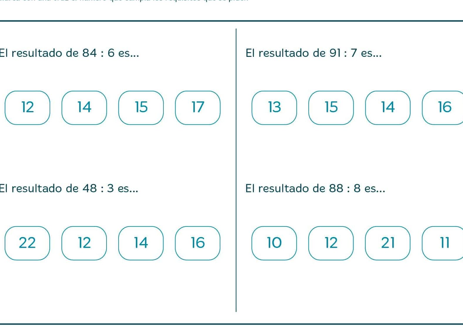 ¿Cuál es el resultado de dividir 21 entre qué número para obtener 7?