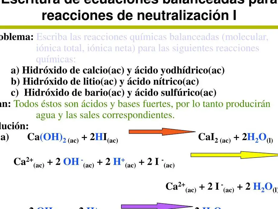 La ecuación iónica neta entre hidróxido de calcio y ácido sulfúrico.